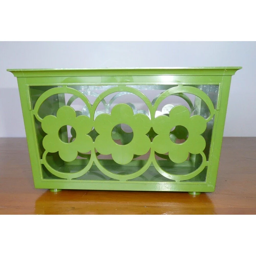 Vintage Avocado Green Daisy Flower Plastic Napkin Holder Basket Boho 70s Decor